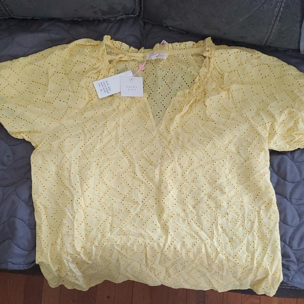 Lightweight Yellow Eyelet V-Neck Women's Top